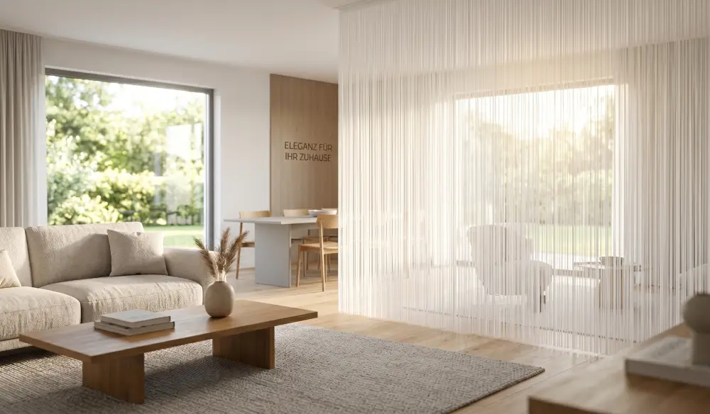 Modernes Wohnzimmer-Design mit Fadenvorhang als Raumteiler
