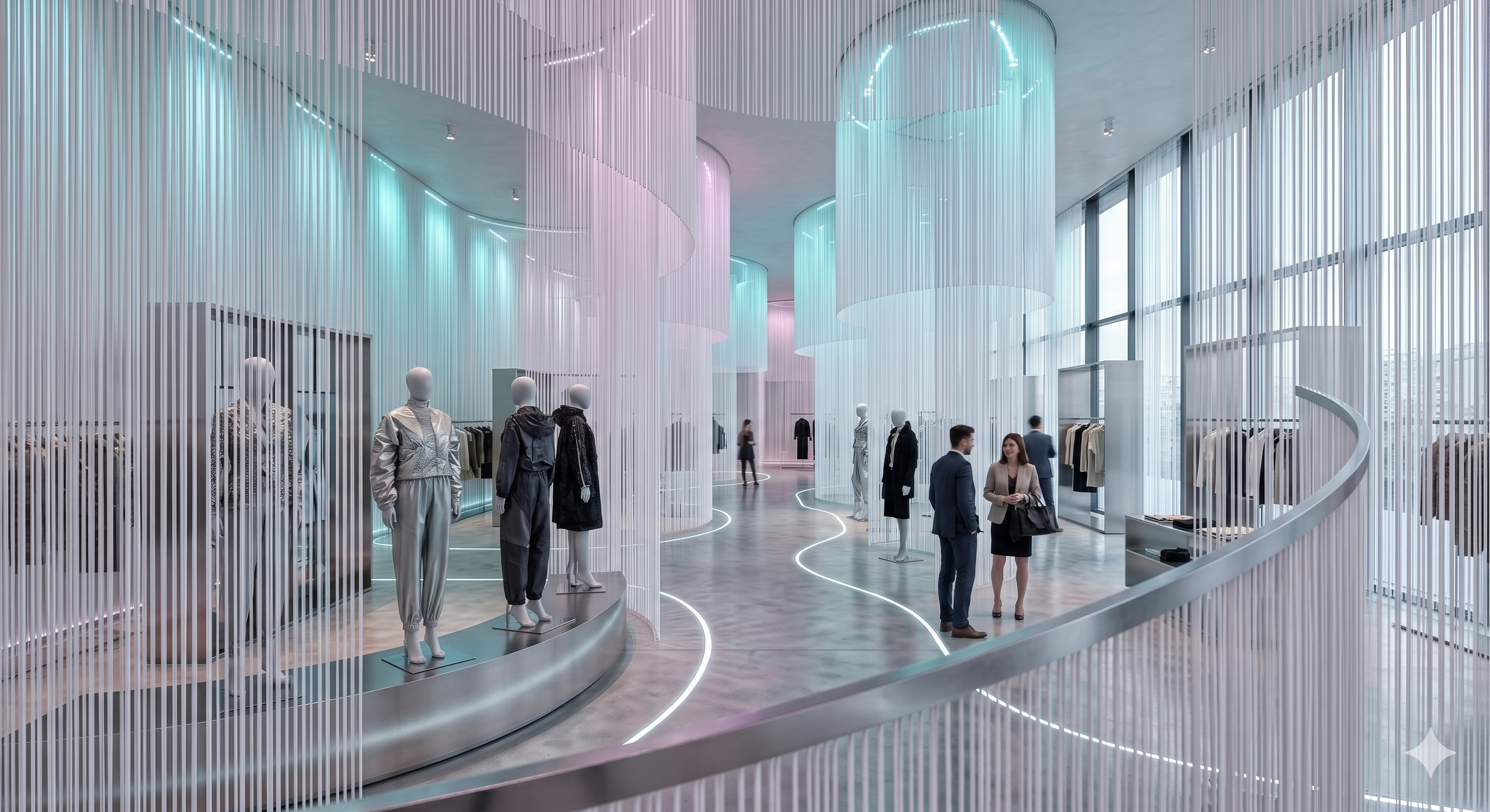 Innovatives Einzelhandelsdesign mit Fadenvorhang Raumteilern