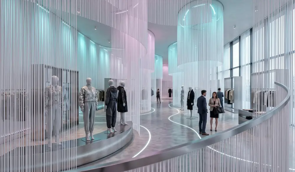 Einzigartiges Einzelhandelsdesign mit Fadenvorhängen in modernen Geschäften 2026 